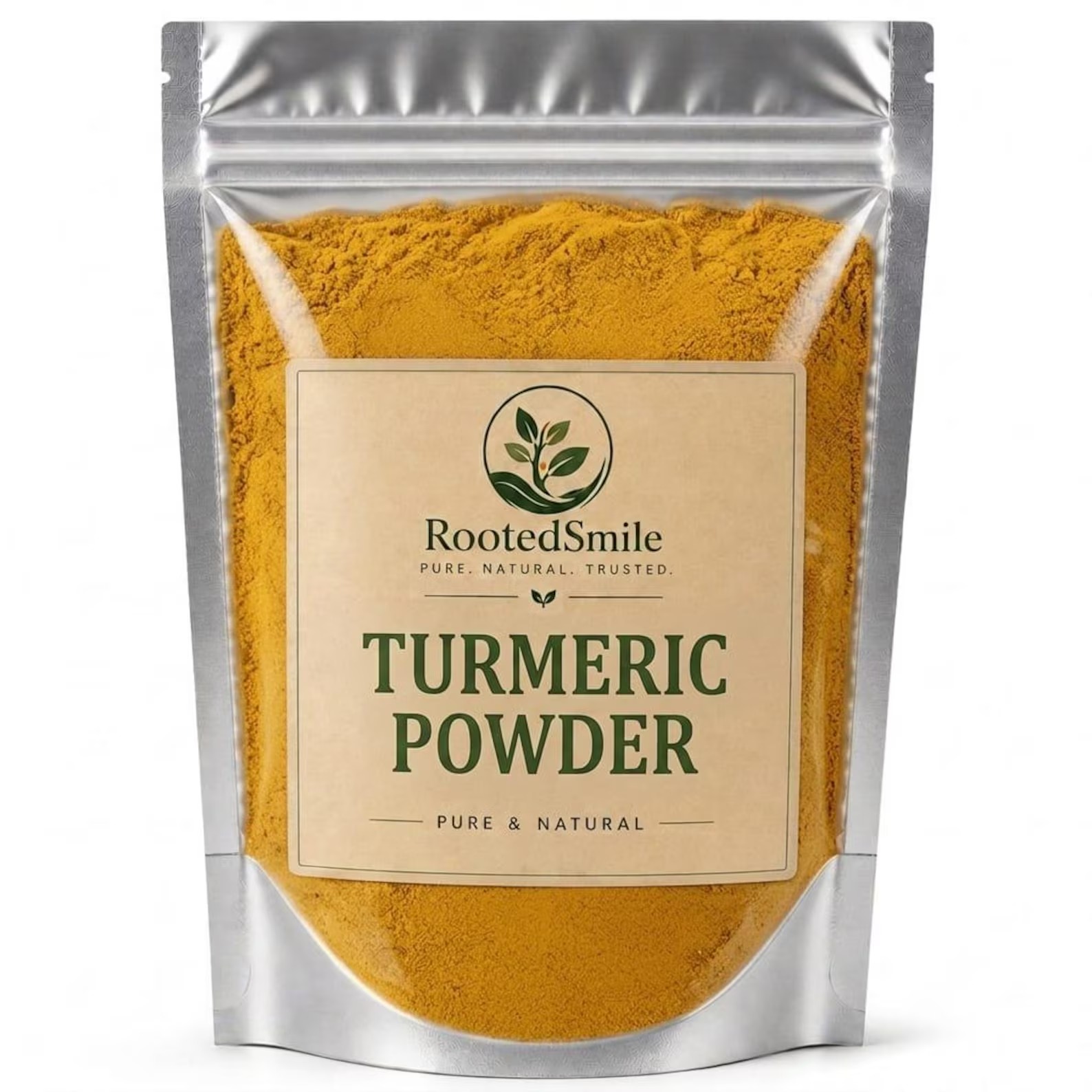 Pungă cu turmeric măcinat, pudră galben-portocalie