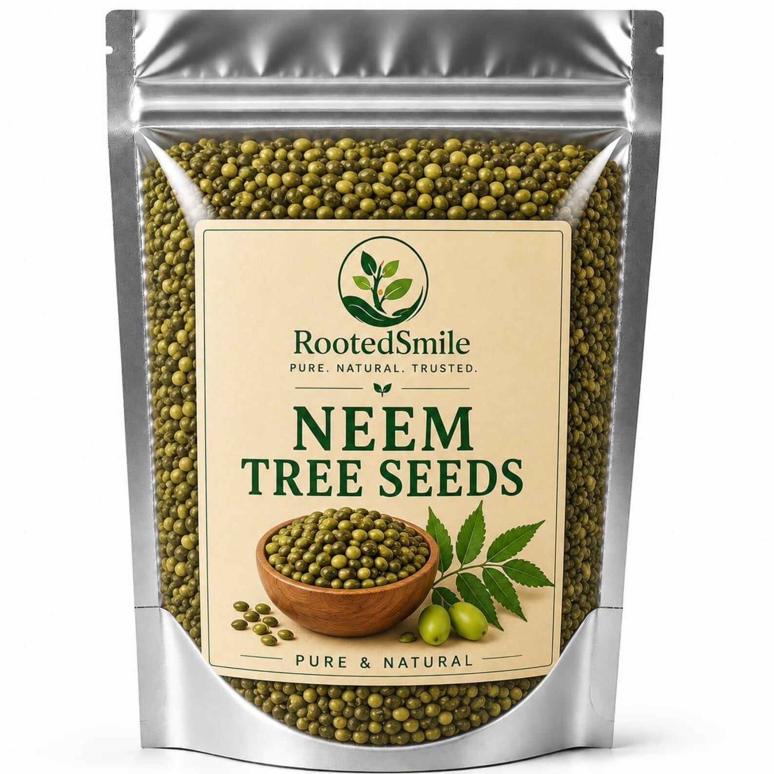 Pungă cu semințe de neem, verzi și rotunde
